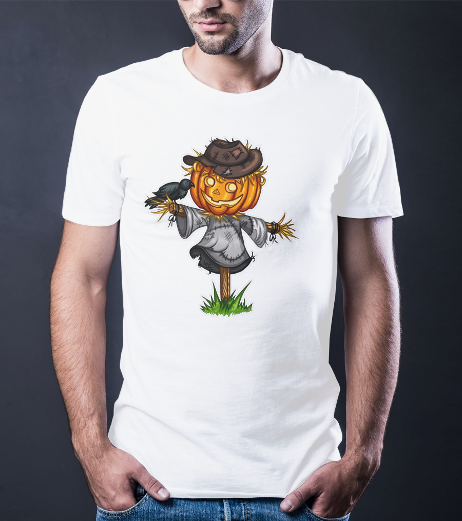 Scarecrow Halloween Pumpkin Head With Crow And Tattered Hat T-Shirt