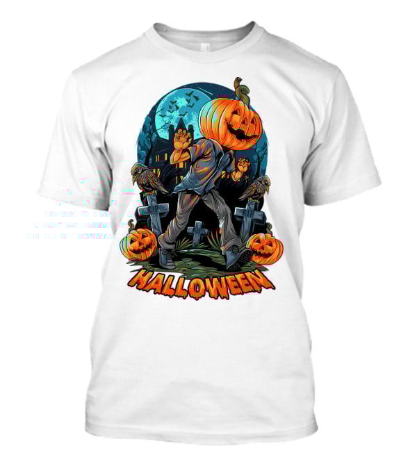 Spooky Halloween Pumpkin Head Costume With Haunted House And Bats T-Shirt