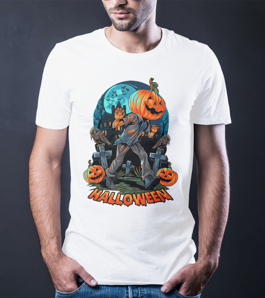 Spooky Halloween Pumpkin Head Costume With Haunted House And Bats T-Shirt