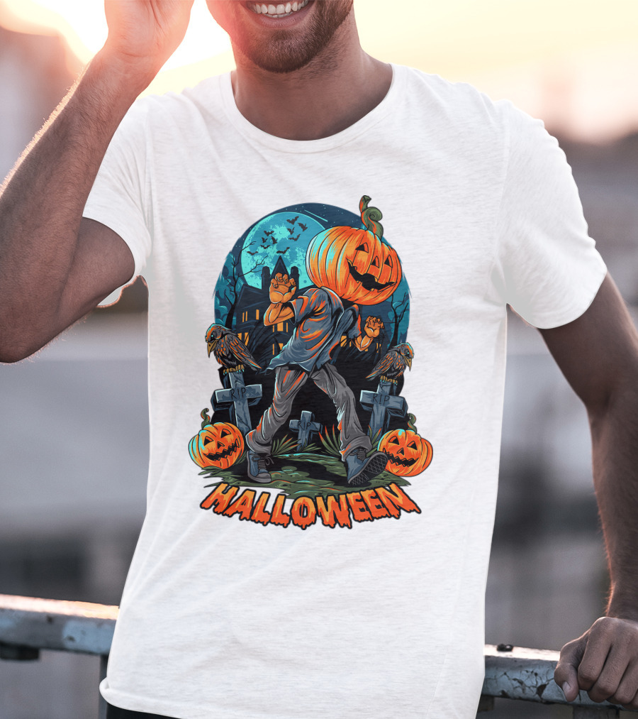 Spooky Halloween Pumpkin Head Costume With Haunted House And Bats T-Shirt