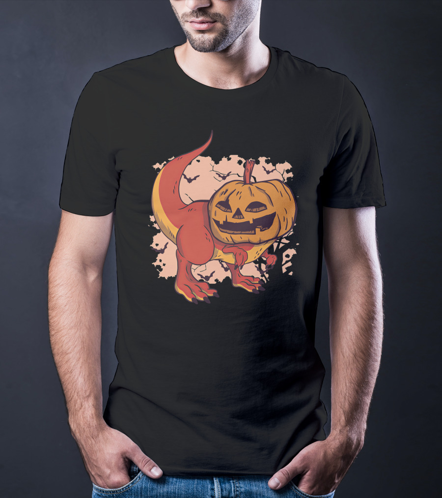 Pumpkin-Head Dinosaur With Jack-O'-Lantern Face And Creepy Background T-Shirt