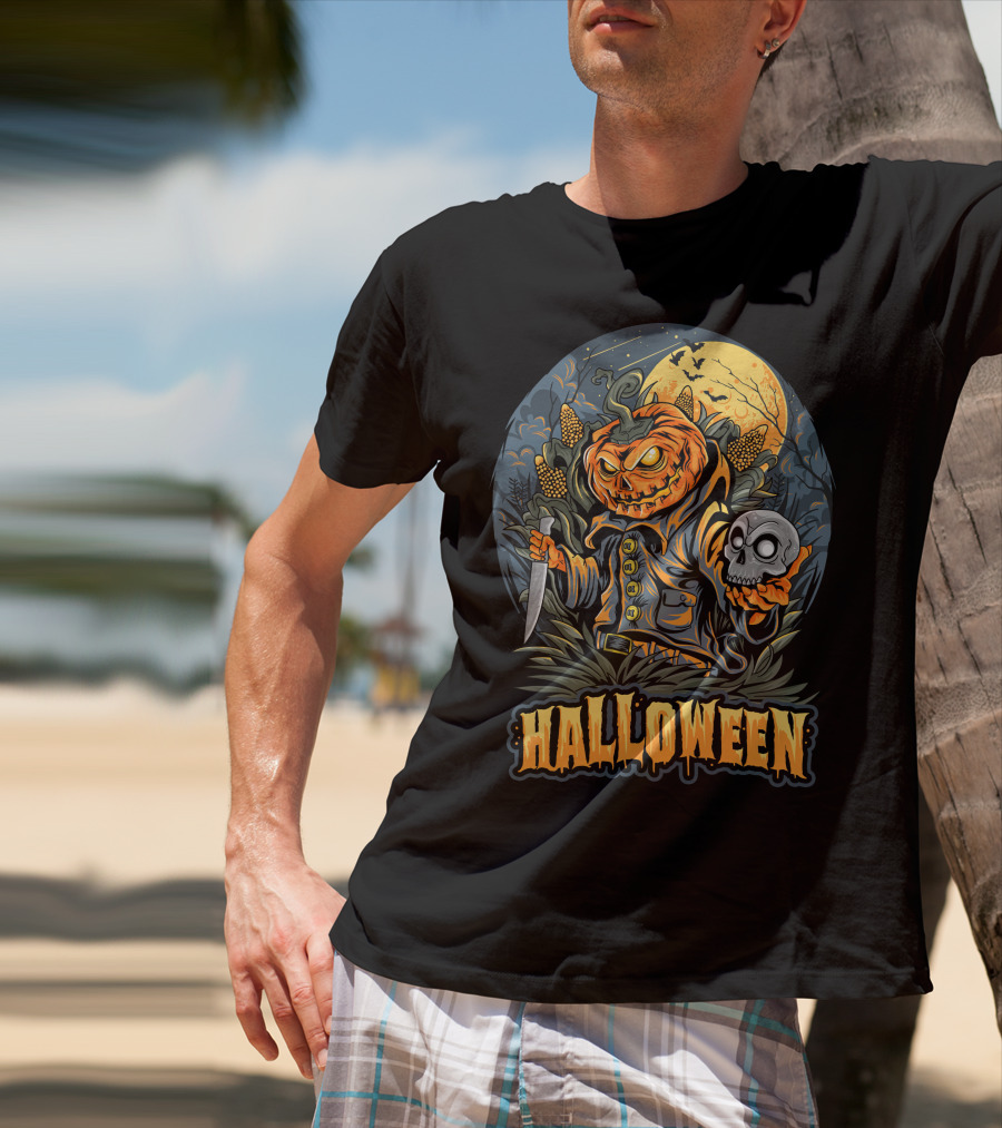 Halloween Pumpkin Head With Knife And Skull In Cornfield Scene T-Shirt