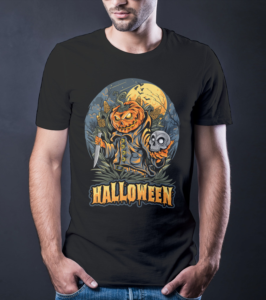 Halloween Pumpkin Head With Knife And Skull In Cornfield Scene T-Shirt