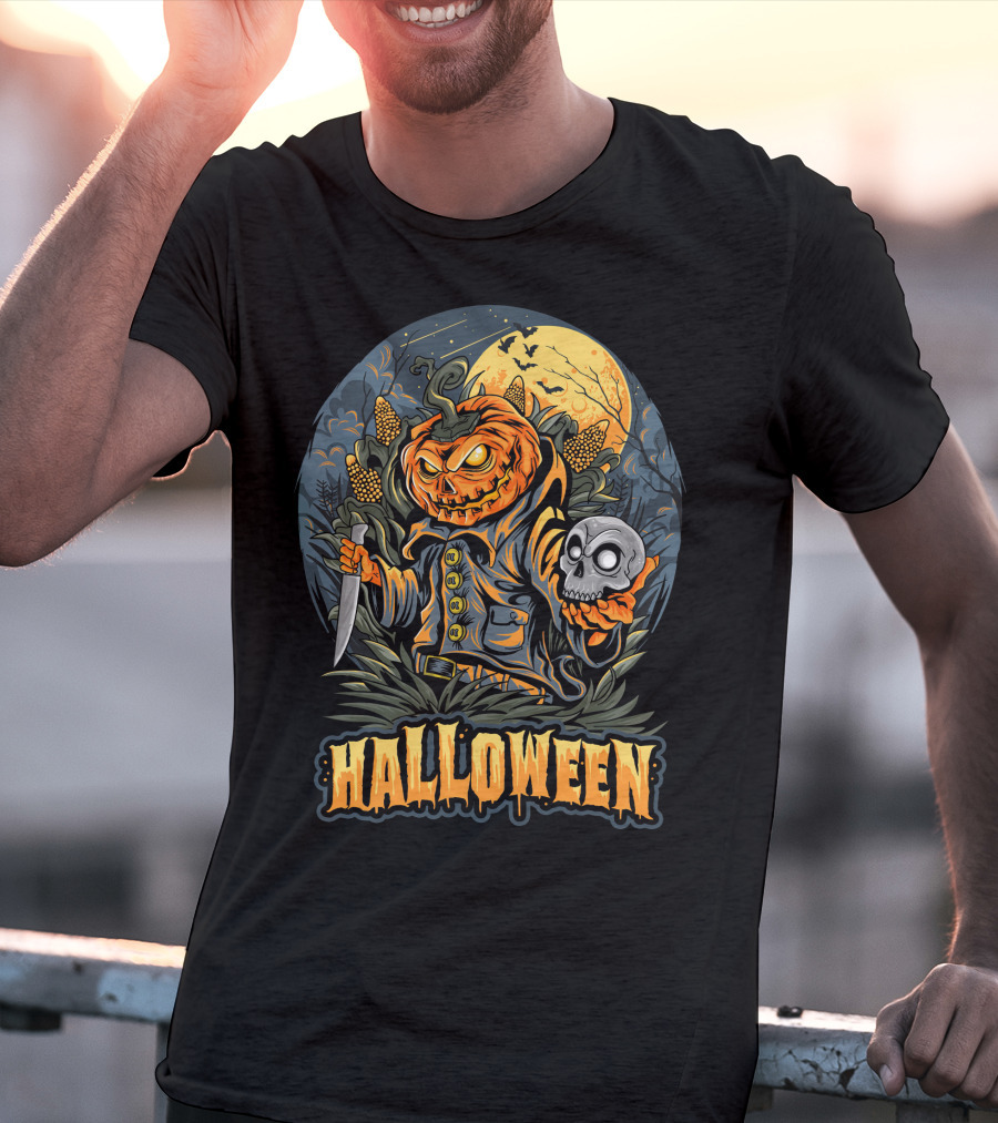 Halloween Pumpkin Head With Knife And Skull In Cornfield Scene T-Shirt