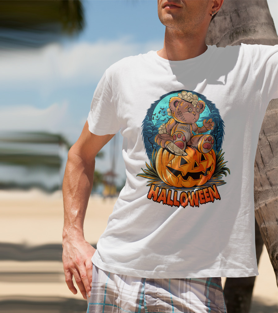 Halloween Teddy Bear On Pumpkin With Moon And Bats T-Shirt