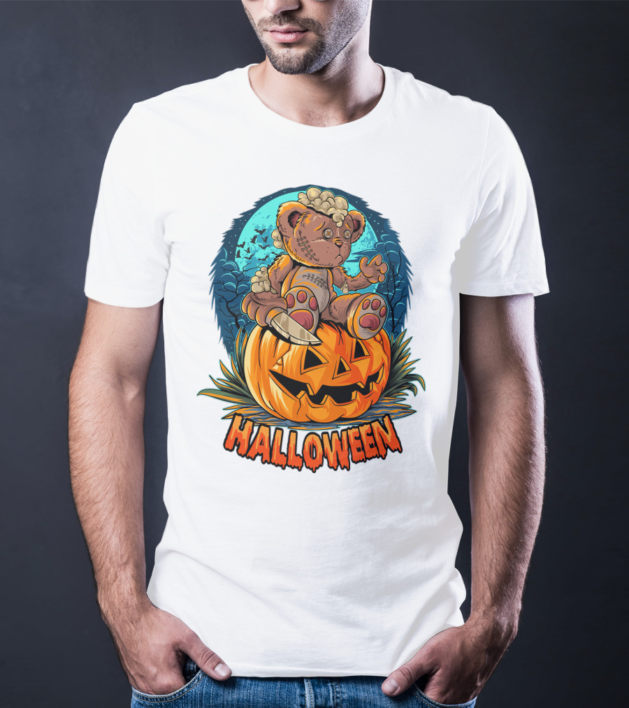 Halloween Teddy Bear On Pumpkin With Moon And Bats T-Shirt