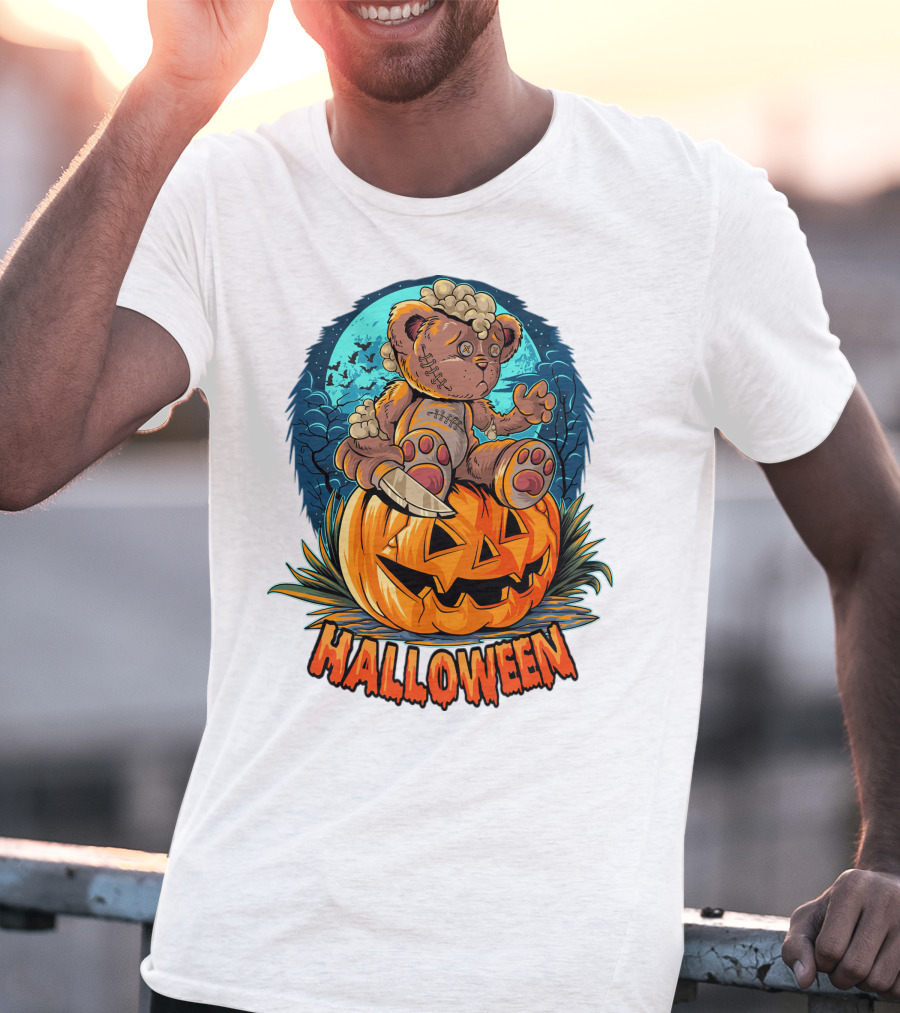 Halloween Teddy Bear On Pumpkin With Moon And Bats T-Shirt