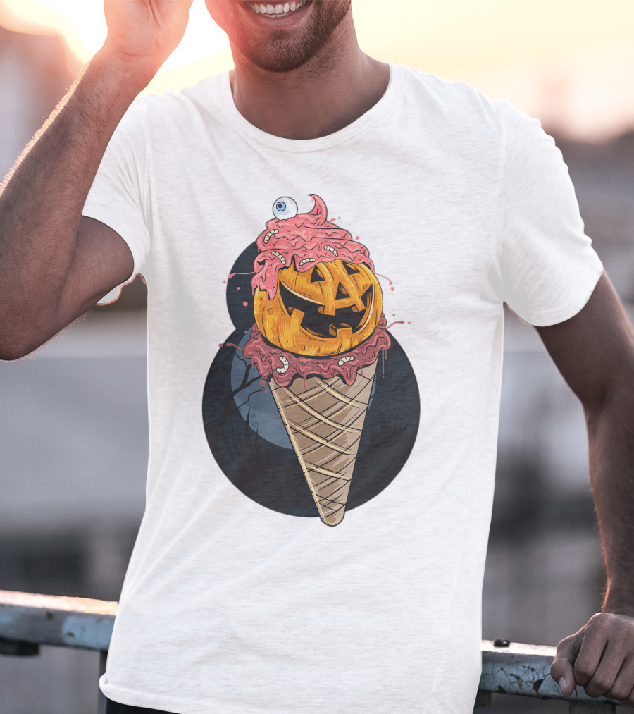 Ice Cream Pumpkin Creepy Cone Halloween Mashup T-Shirt
