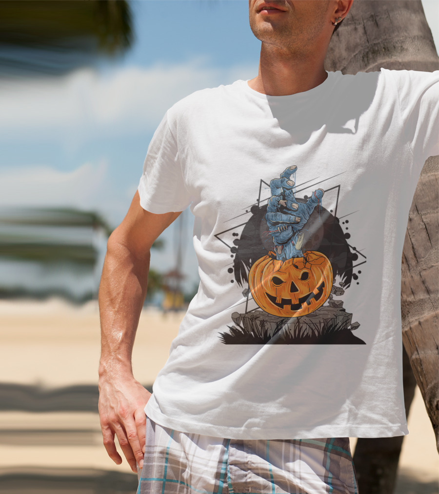 Zombie Hand Emerging From Pumpkin With Spooky Halloween Moon Background T-Shirt