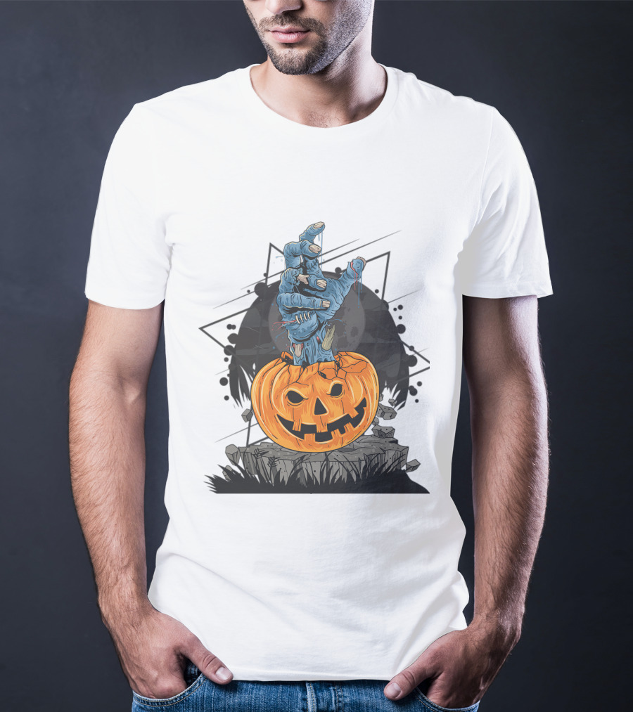 Zombie Hand Emerging From Pumpkin With Spooky Halloween Moon Background T-Shirt