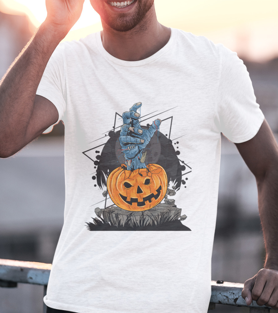 Zombie Hand Emerging From Pumpkin With Spooky Halloween Moon Background T-Shirt