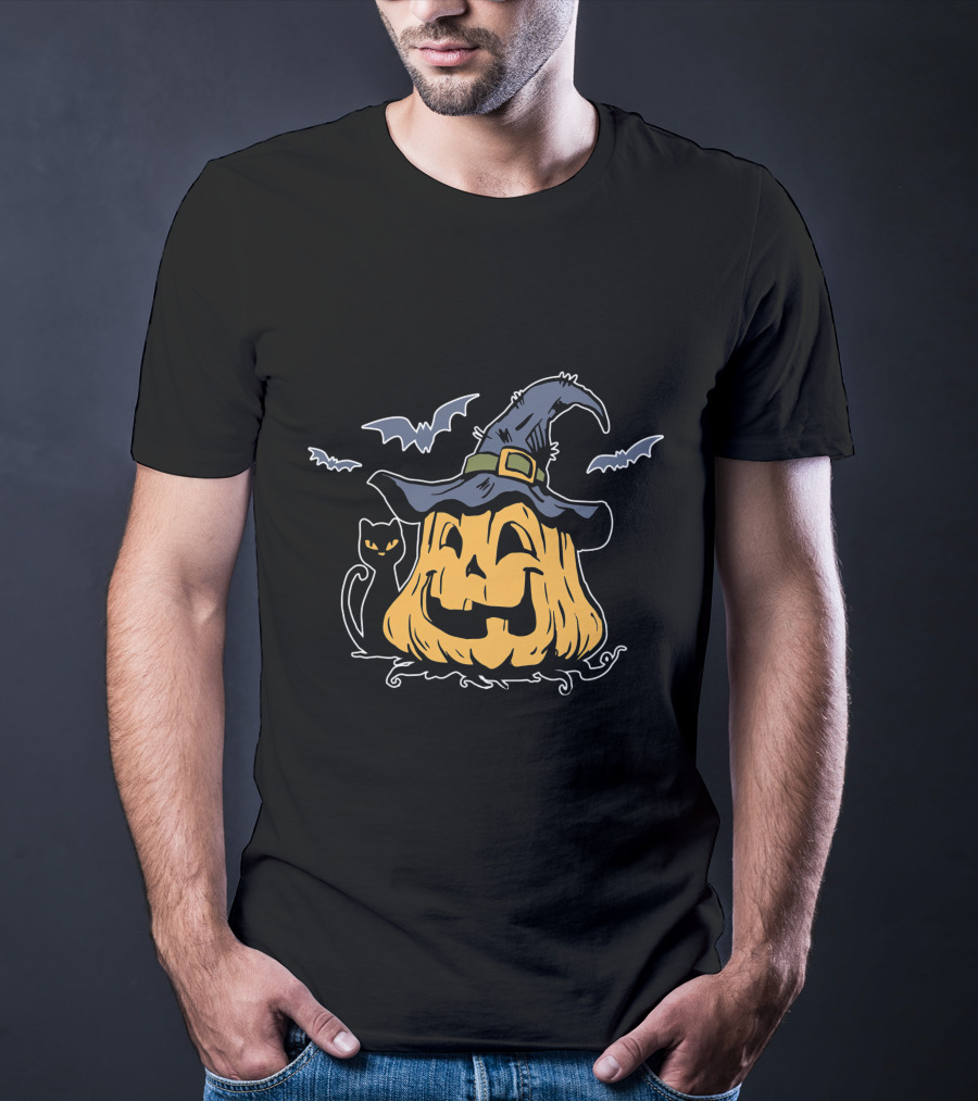 Pumpkin Black Cat Witch Hat Bats Everyday Is Halloween T-Shirt