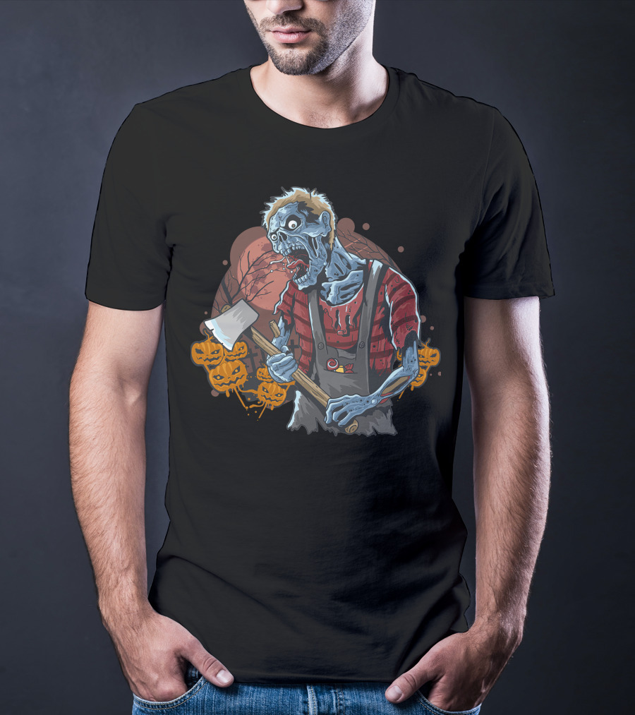 Zombie With Axe And Pumpkins In Spooky Forest T-Shirt