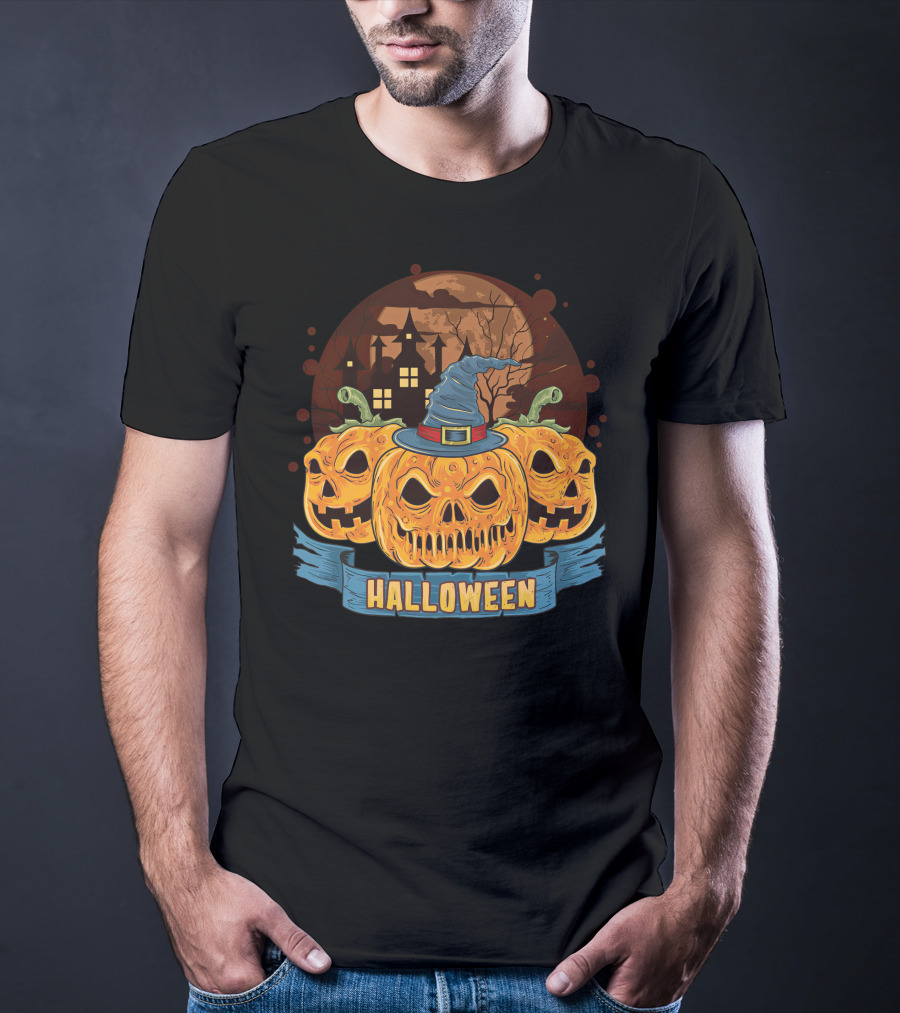 Halloween Spooky Pumpkins With Haunted House And Witch Hat T-Shirt