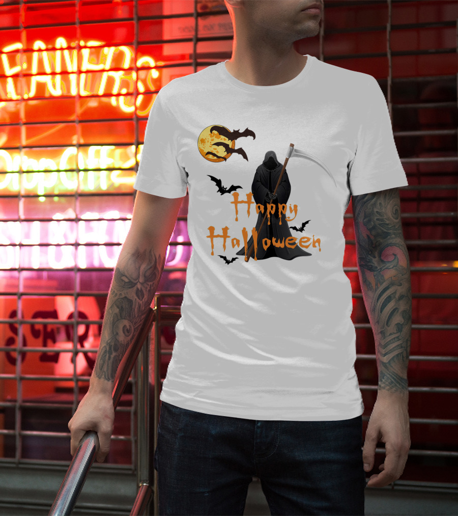 Happy Halloween Grim Reaper With Bats And Moon T-Shirt