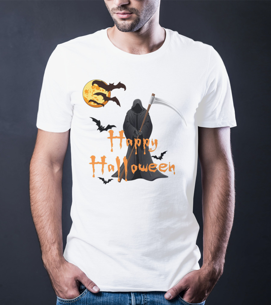 Happy Halloween Grim Reaper With Bats And Moon T-Shirt