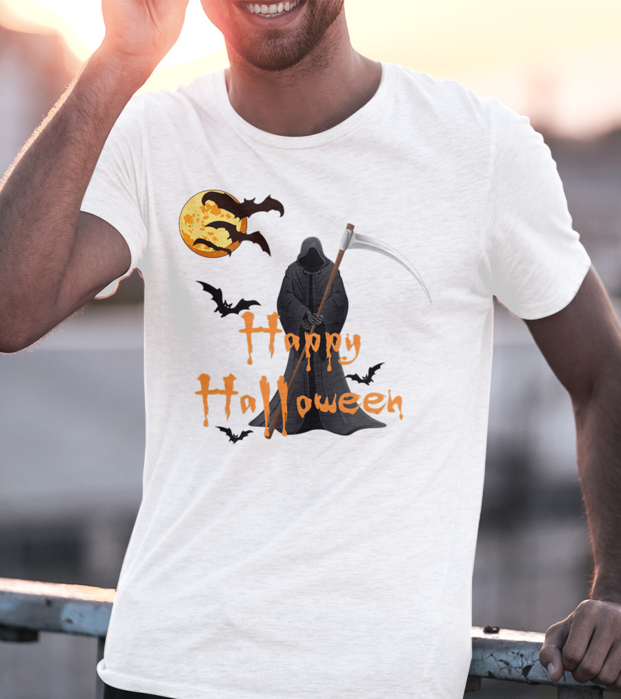 Happy Halloween Grim Reaper With Bats And Moon T-Shirt