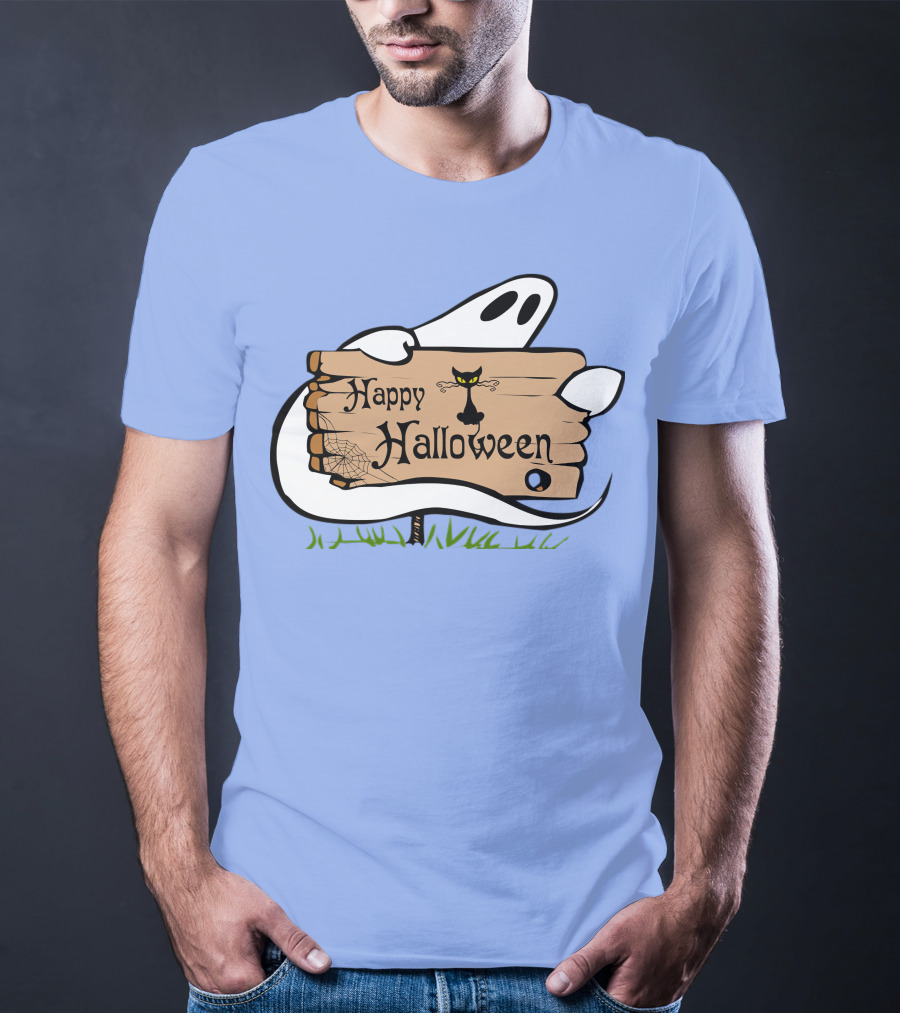 Happy Halloween Ghost With Black Cat And Spider Web T-Shirt