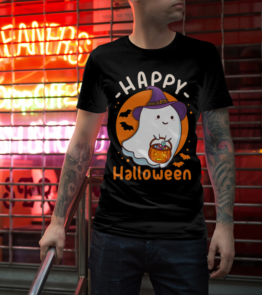 Happy Halloween Ghost With Pumpkin And Witch Hat T-Shirt