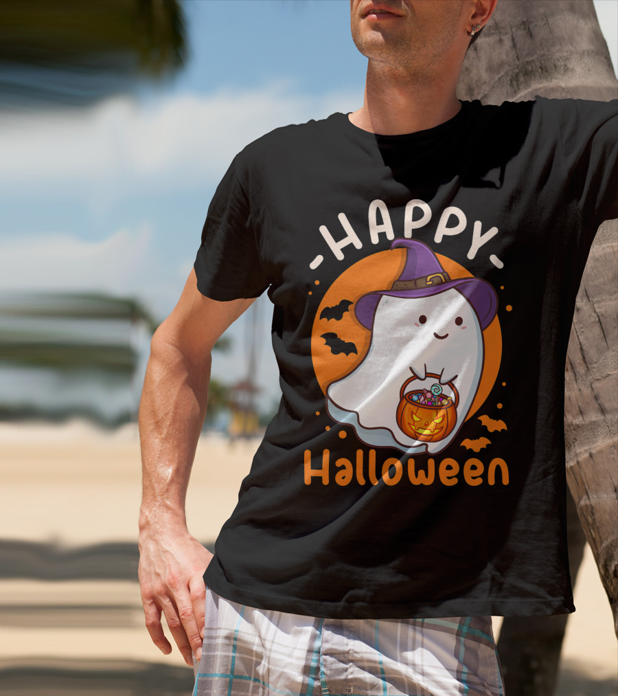 Happy Halloween Ghost With Pumpkin And Witch Hat T-Shirt