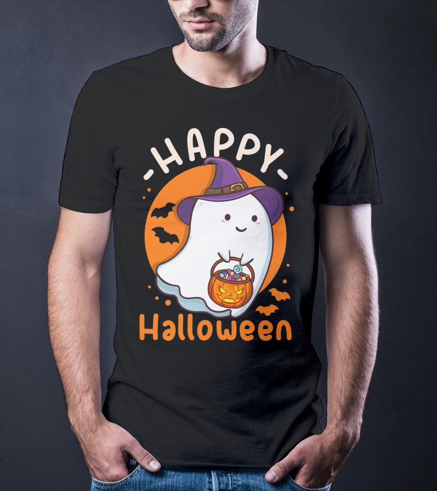 Happy Halloween Ghost With Pumpkin And Witch Hat T-Shirt