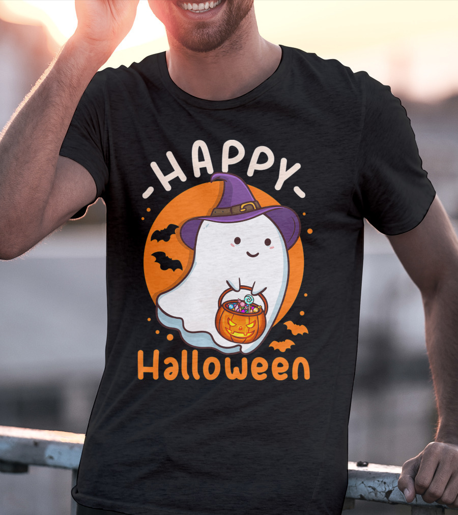 Happy Halloween Ghost With Pumpkin And Witch Hat T-Shirt