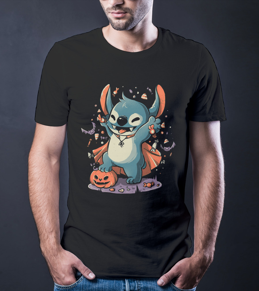 Halloween Cute Cartoon Stitch Vampire Candy Pumpkin T-Shirt