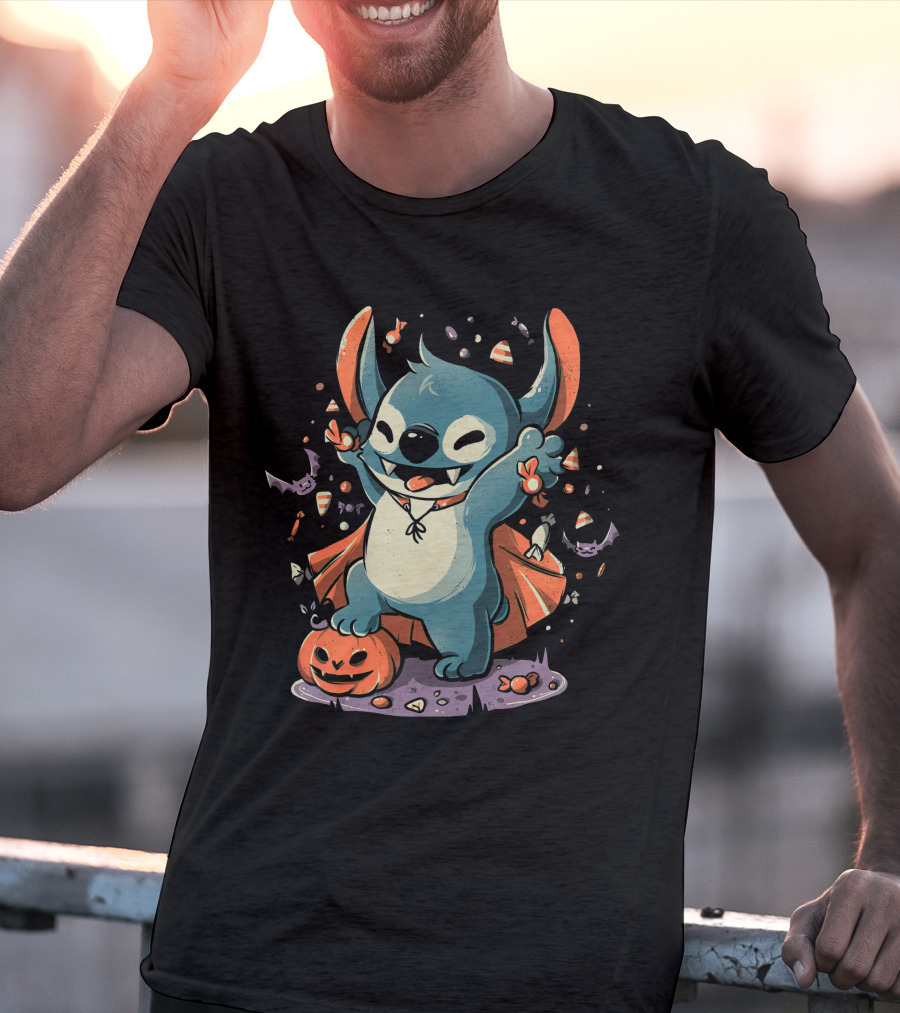 Halloween Cute Cartoon Stitch Vampire Candy Pumpkin T-Shirt