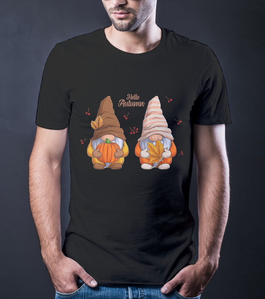 Hello Autumn Gnomes With Pumpkin And Leaf T-Shirt