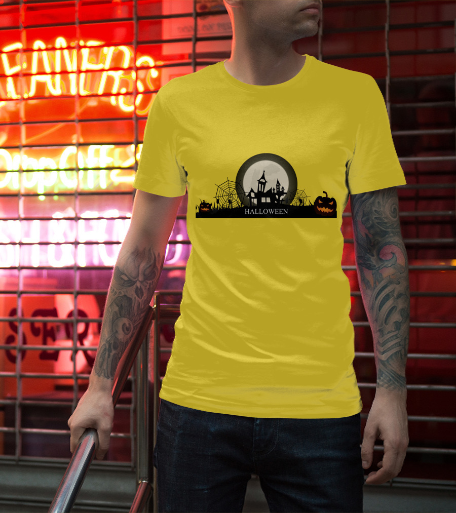 Haunted House And Jack-o'-Lantern Silhouette With Full Moon Halloween Scene T-Shirt