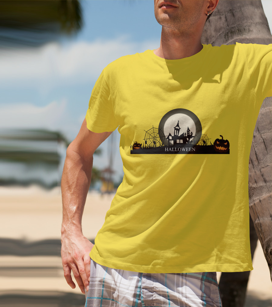Haunted House And Jack-o'-Lantern Silhouette With Full Moon Halloween Scene T-Shirt