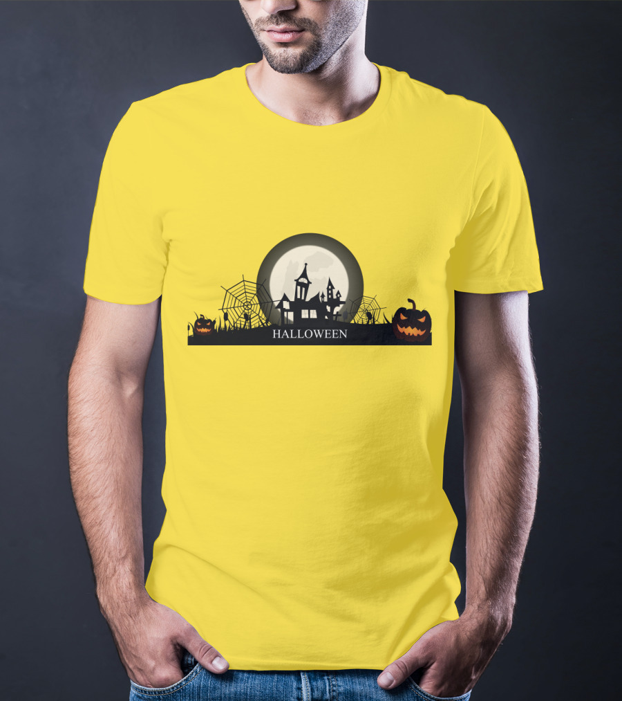 Haunted House And Jack-o'-Lantern Silhouette With Full Moon Halloween Scene T-Shirt
