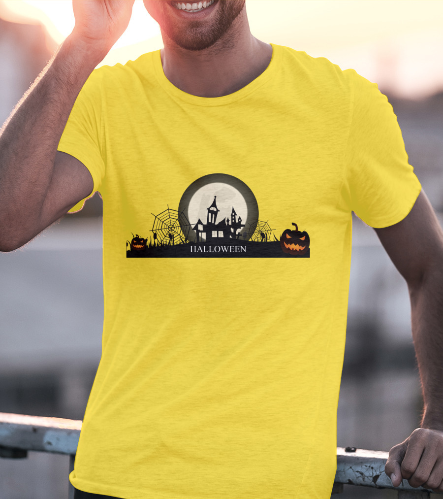 Haunted House And Jack-o'-Lantern Silhouette With Full Moon Halloween Scene T-Shirt
