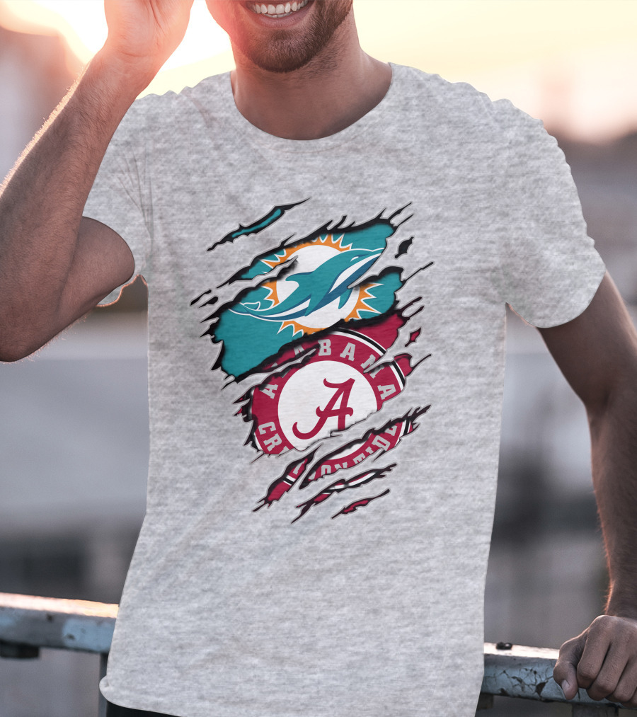 Alabama Crimson Tide And Miami Dolphins Logo Fusion T-Shirt