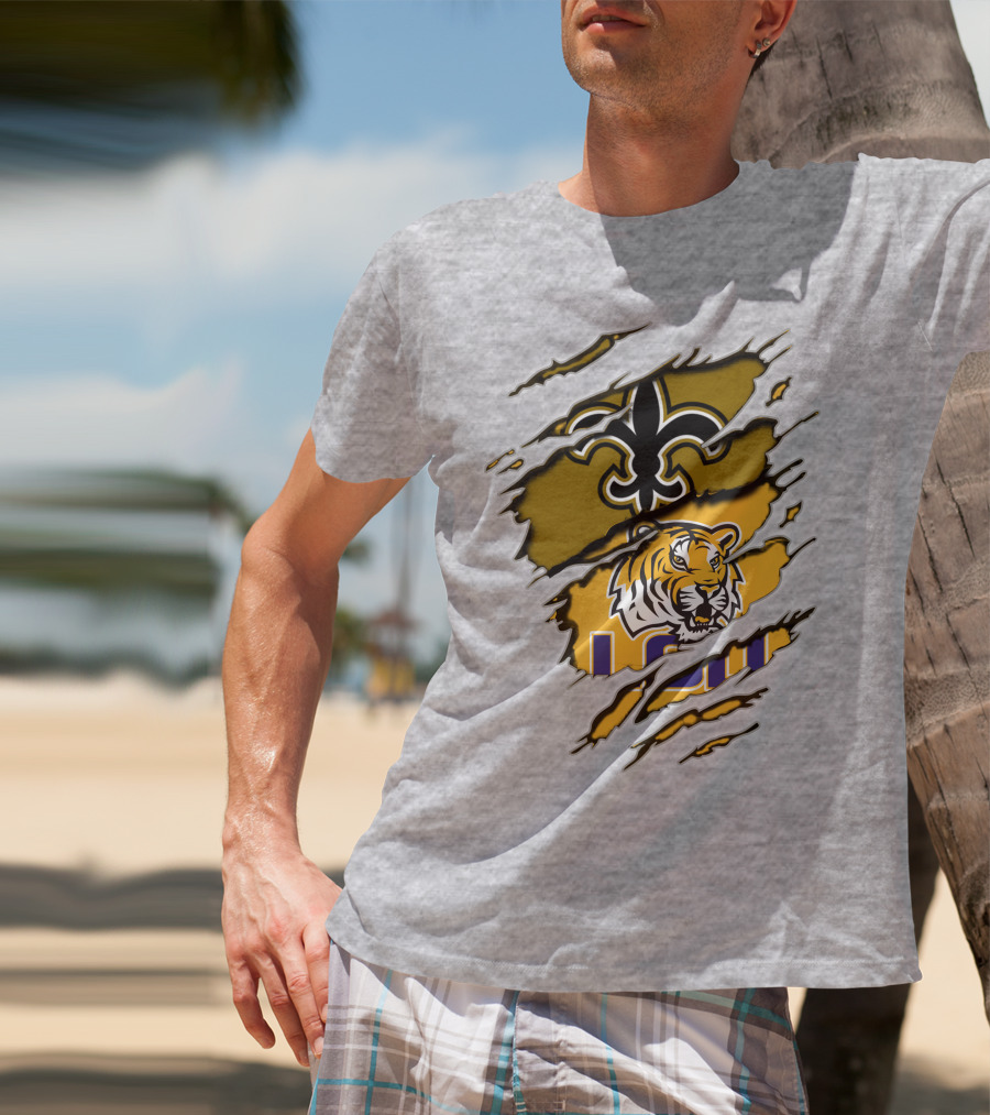 Saints Fleur-de-Lis And LSU Tiger Logo Combination T-Shirt