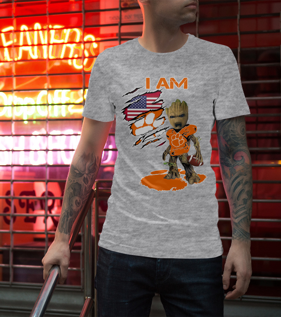 I AM Groot Clemson Football American Flag Background T-Shirt