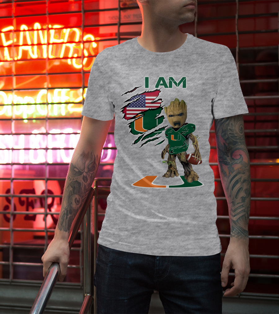 I Am University Of Miami Hurricanes Football Groot American Flag T-Shirt