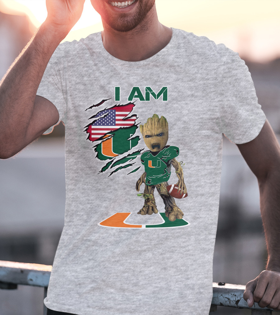 I Am University Of Miami Hurricanes Football Groot American Flag T-Shirt