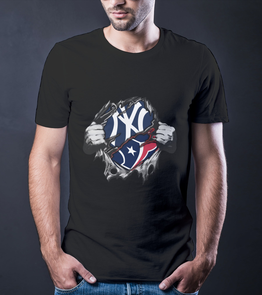 Texans Yankees Logo Fusion With Tearing Hands T-Shirt