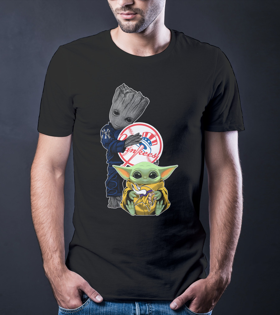 Yankees Baby Groot And Yoda Star Wars Minnesota Vikings T-Shirt