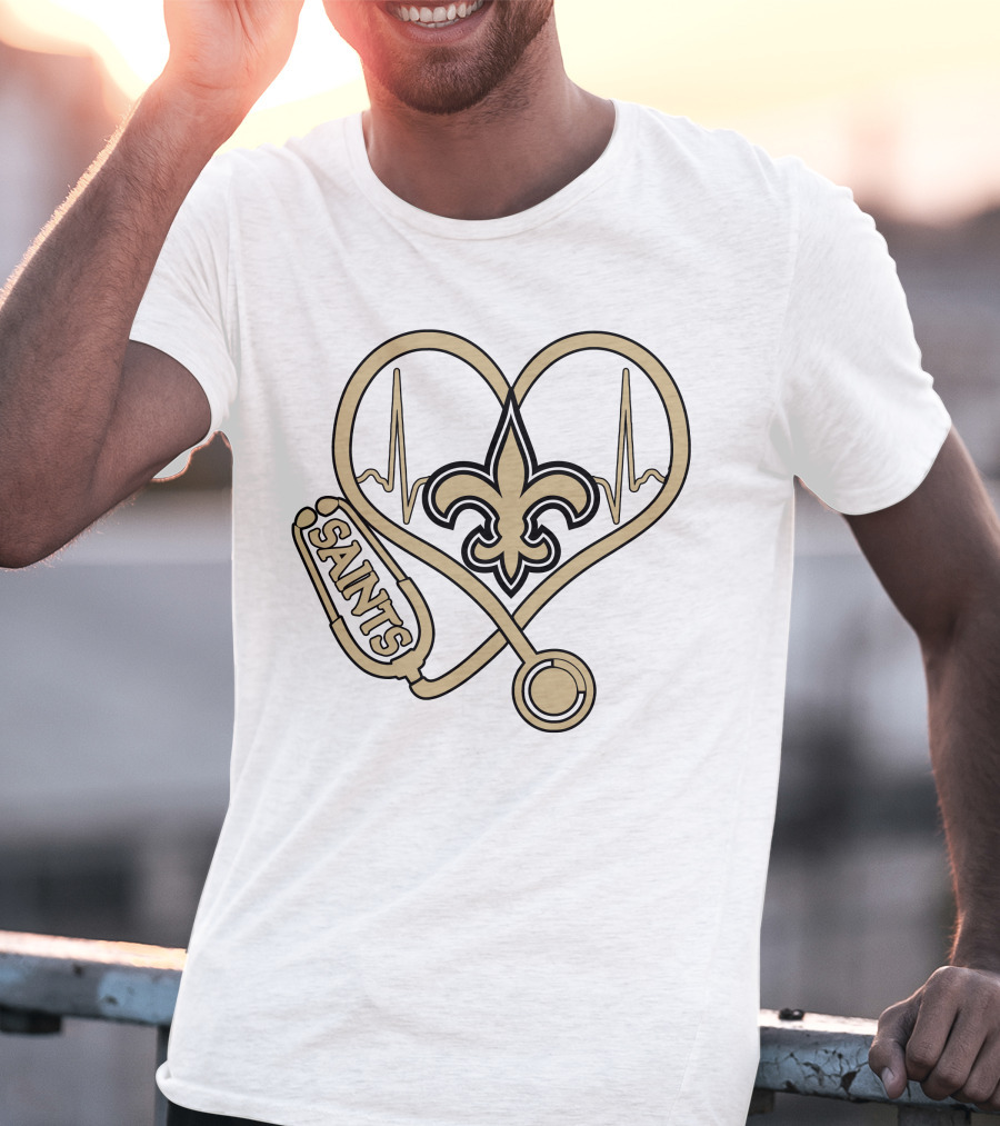 Nurse Love Saints Heartbeat Fleur-de-Lis Football T-Shirt