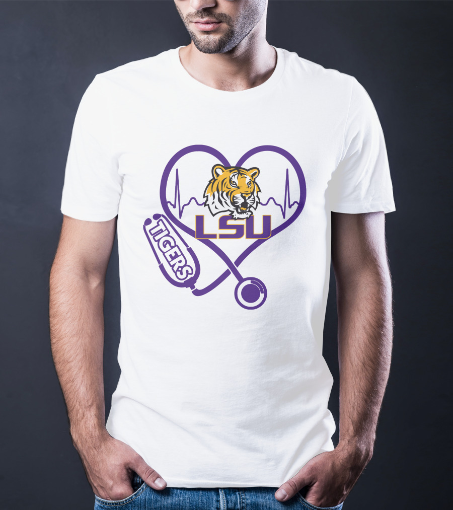 Nurse Love LSU Tigers Heartbeat Stethoscope Tiger T-Shirt