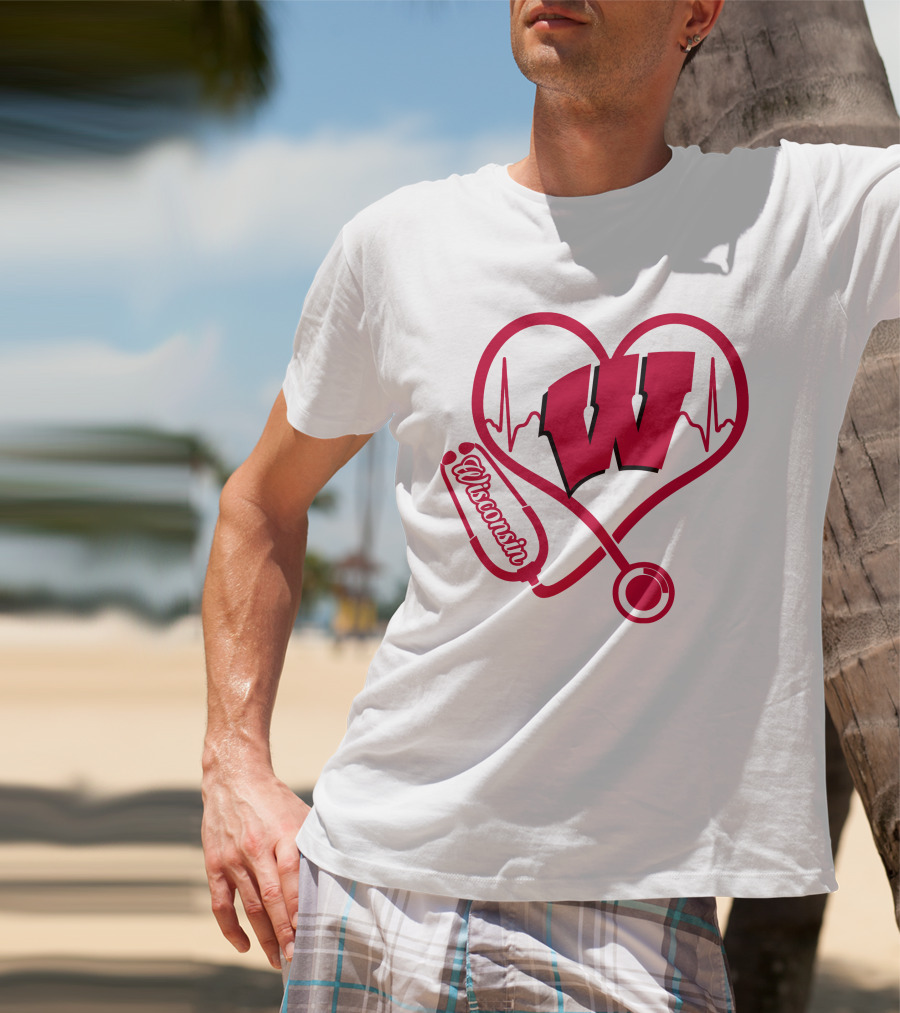 Nurse Love Wisconsin Badgers Heartbeat Stethoscope T-Shirt