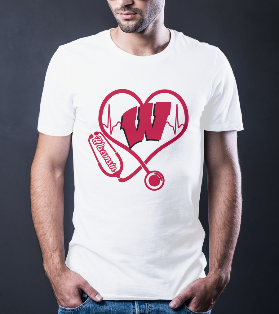 Nurse Love Wisconsin Badgers Heartbeat Stethoscope T-Shirt