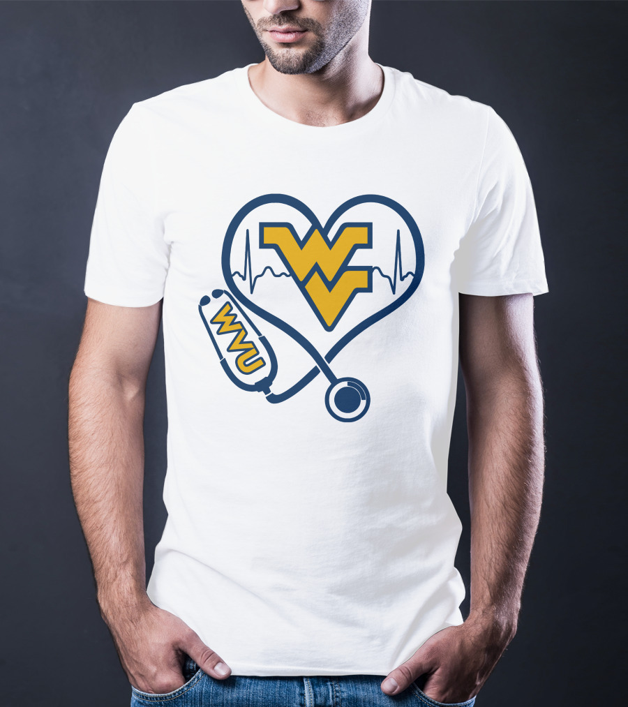 West Virginia Mountaineers Nurse Love WVU Stethoscope Heartbeat T-Shirt