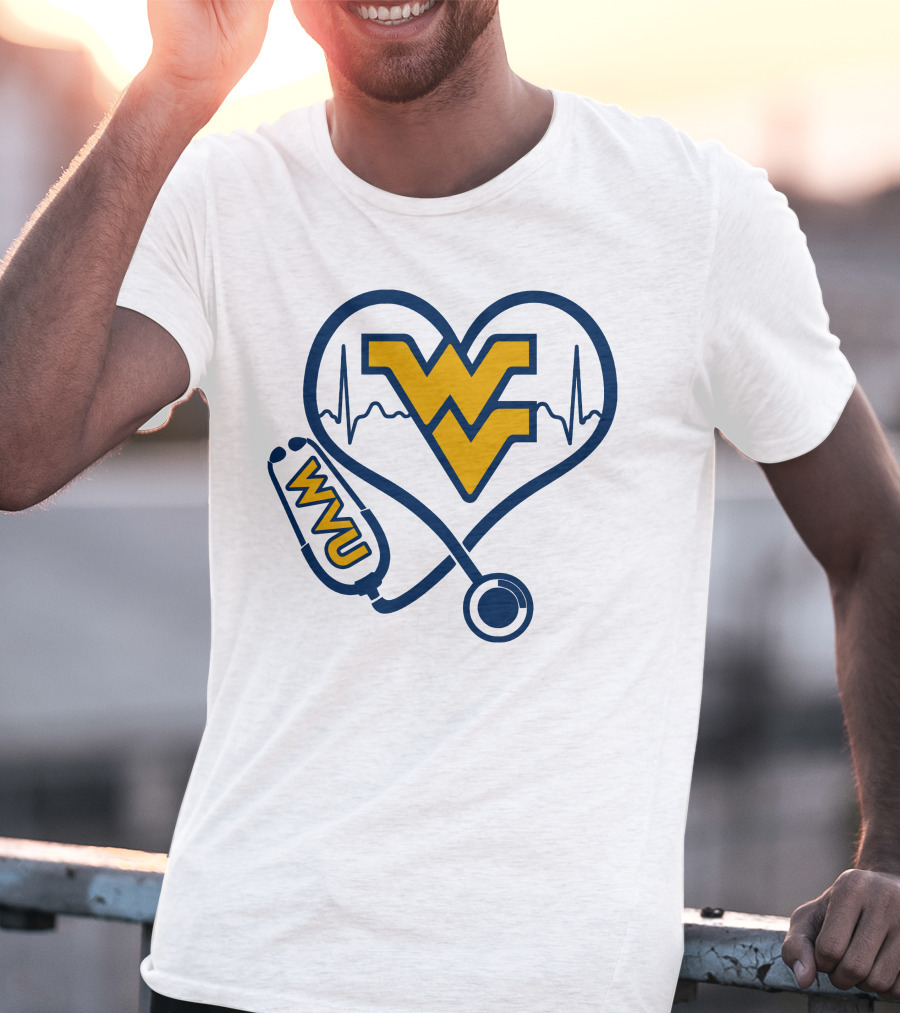 West Virginia Mountaineers Nurse Love WVU Stethoscope Heartbeat T-Shirt