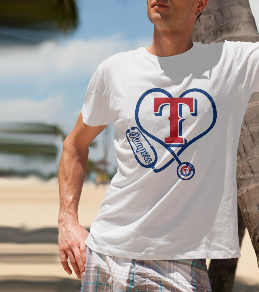 Nurse Love Texas Rangers Stethoscope Heart T-Shirt