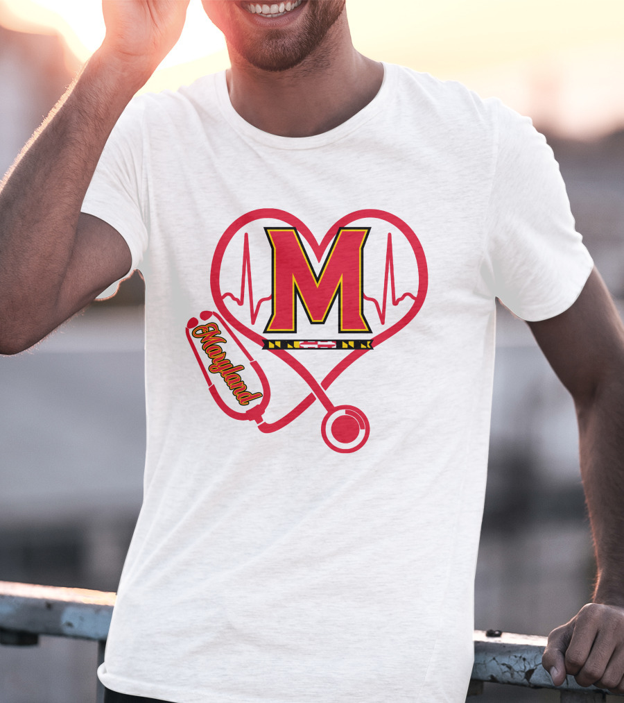 Nurse Love Maryland Terps Heartbeat Stethoscope T-Shirt