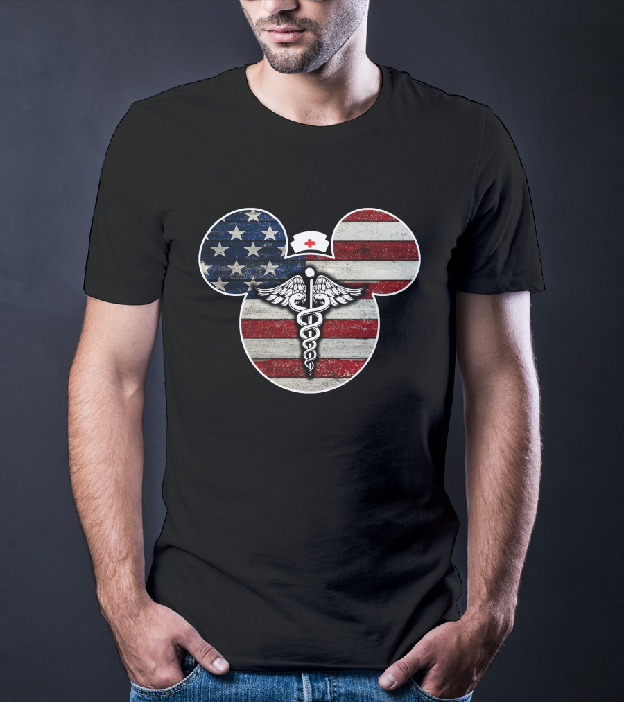 Patriotic Nurse Mickey With Caduceus And American Flag Elements T-Shirt
