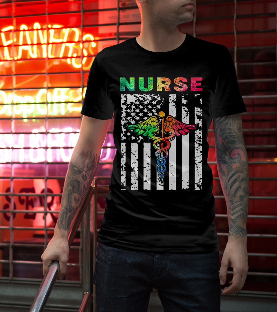Nurse Usa Flag With Rainbow Caduceus Symbol T-Shirt